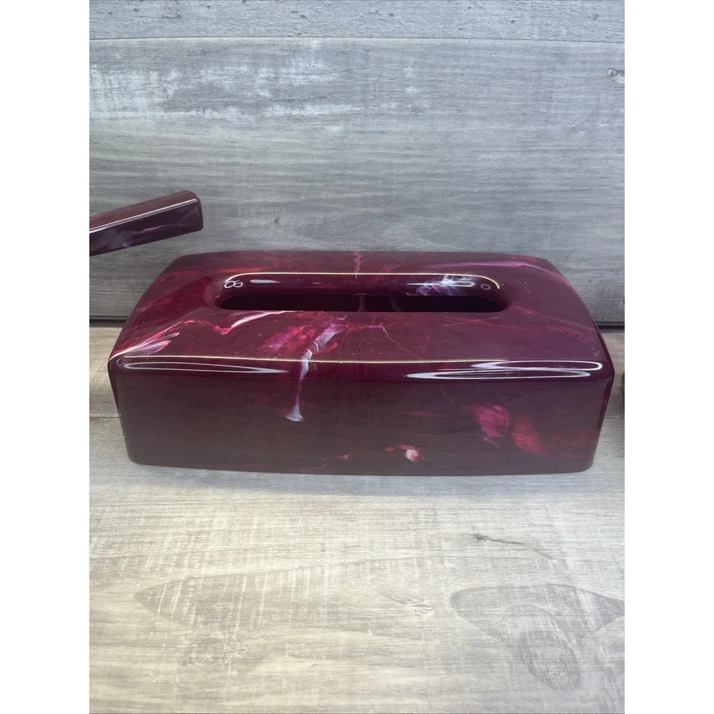 Wine Onyx Marbled Look Bathroom Set Tissue Holder Soap Dish Mirror  VTG Plastic